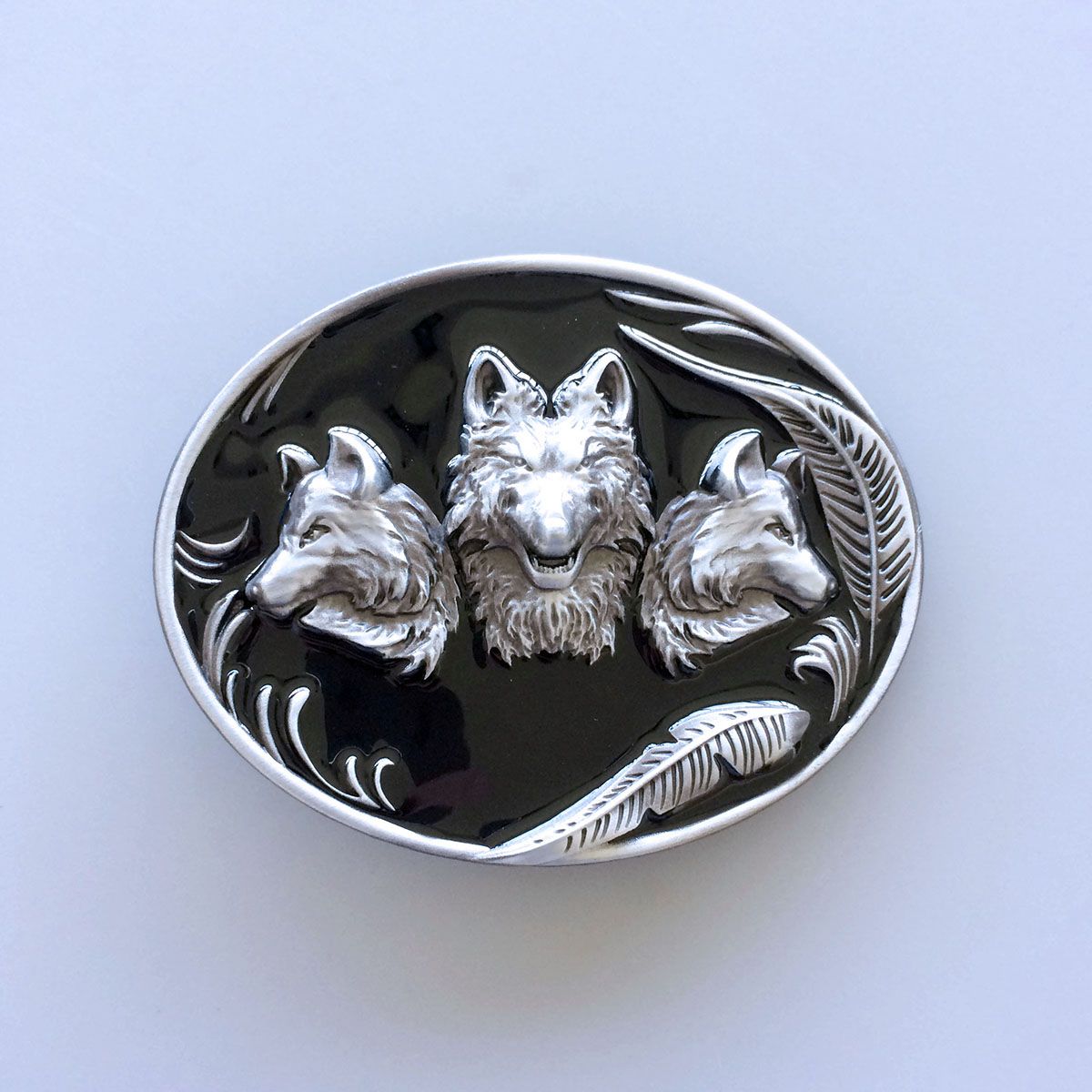 Vintage Oval Western Wolves Black Enamel Belt Buckle