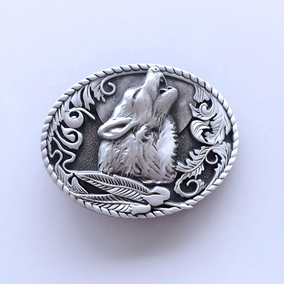Antique Brushed Silver Western Cowboy Cowgirl Wolf Head Oval Belt Buckle