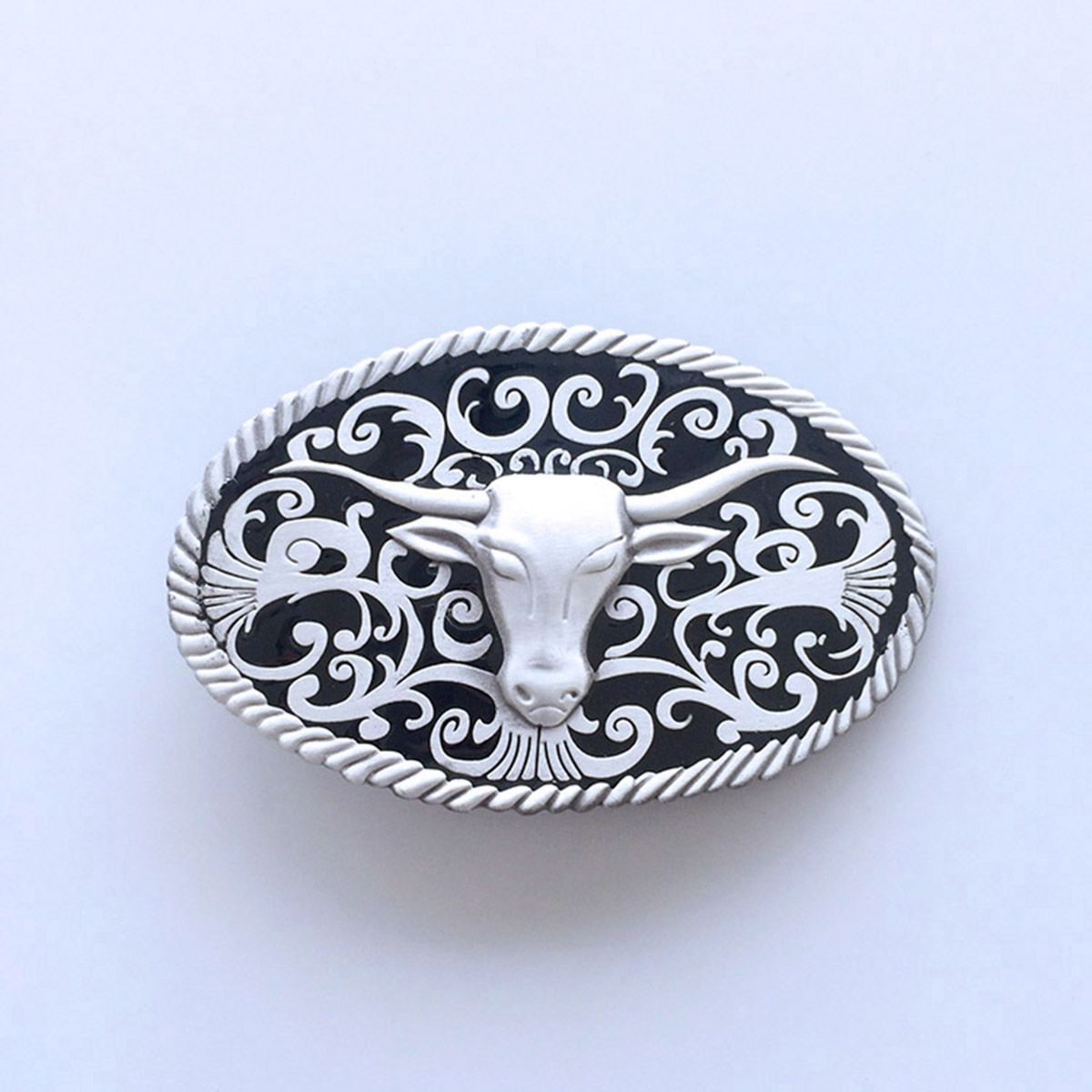 Vintage Black Enamel Longhorn Bull Western Oval Belt Buckle