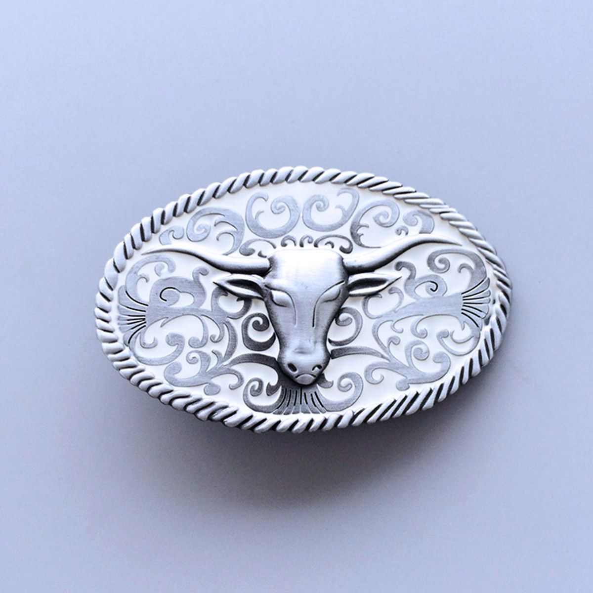Vintage Style White Enamel Longhorn Bull Western Oval Belt Buckle