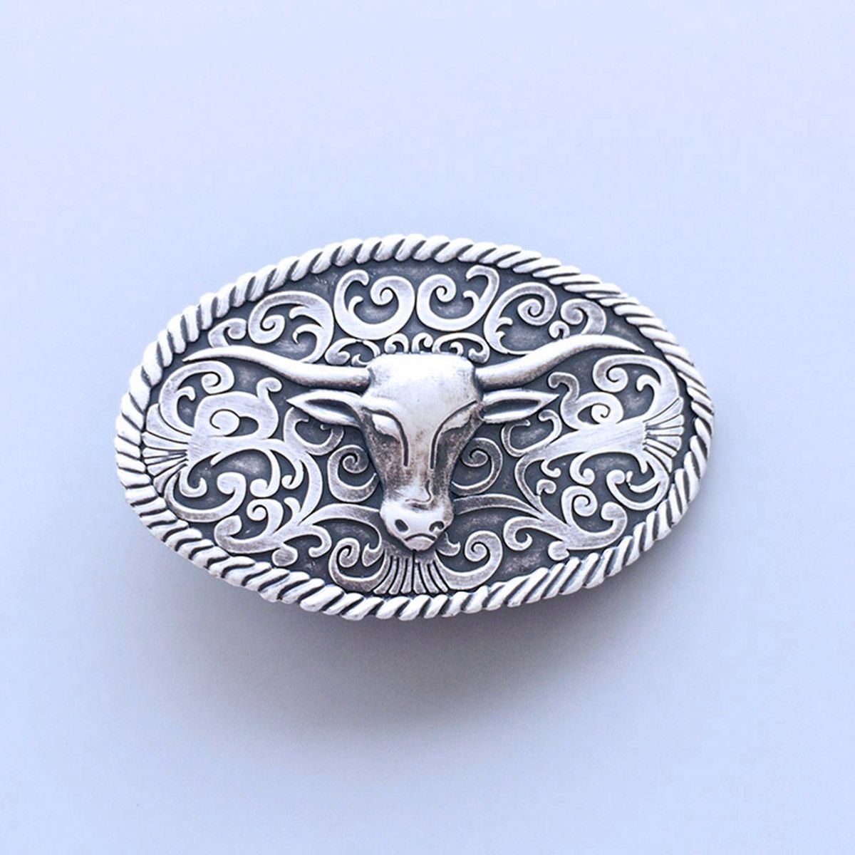 Vintage Silver Plated Longhorn Bull Western Oval Belt Buckle