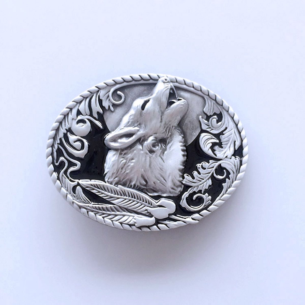 Black Enamel Western Wolf Wildlife Oval Belt Buckle