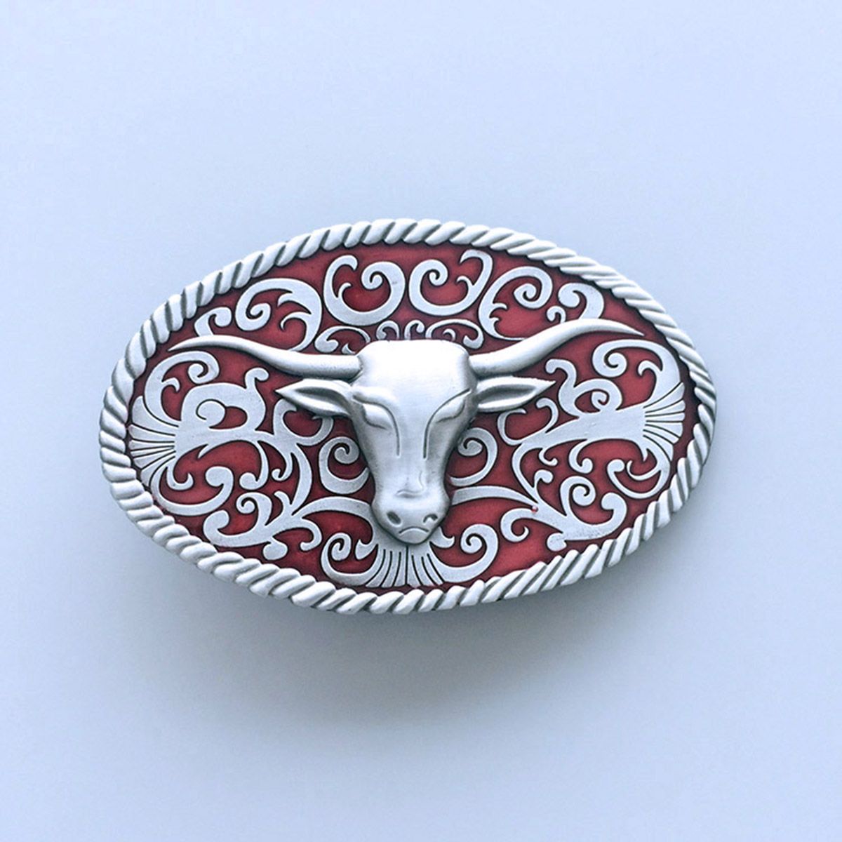 Vintage Style Red Enamel Longhorn Bull Western Oval Belt Buckle