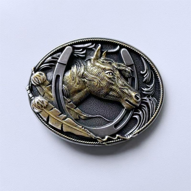 Vintage Style Two-Tone Silver Gold Plated Horse HorseShoe Oval Belt Buckle BUCKLE-WT058ASG