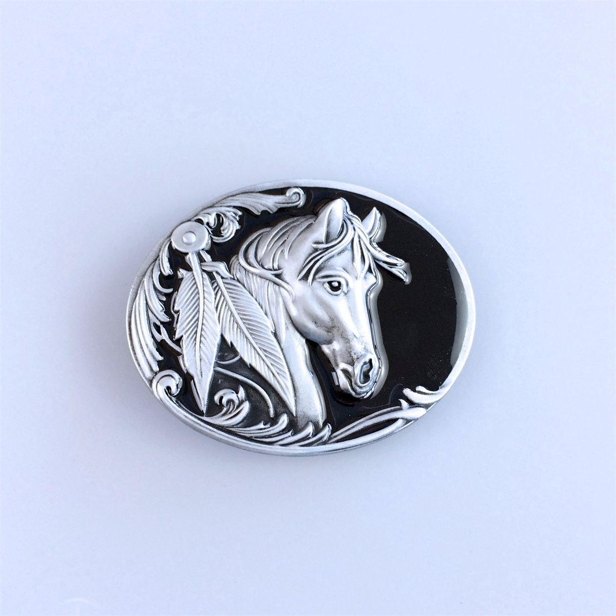 Vintage Style Black Enamel Rodeo Horse Western Belt Buckle
