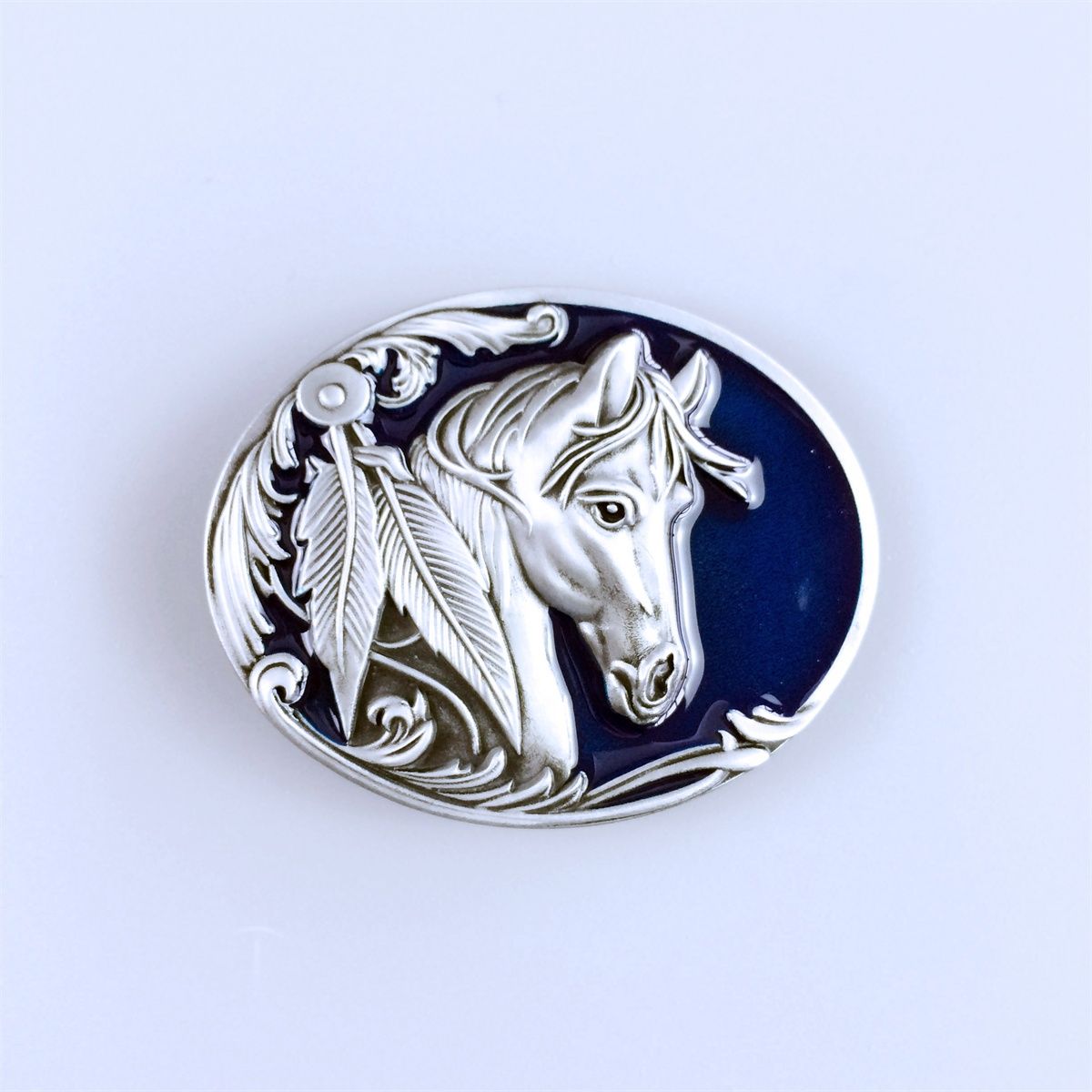 Vintage Style Blue Enamel Rodeo Horse Head Western Oval Belt Buckle