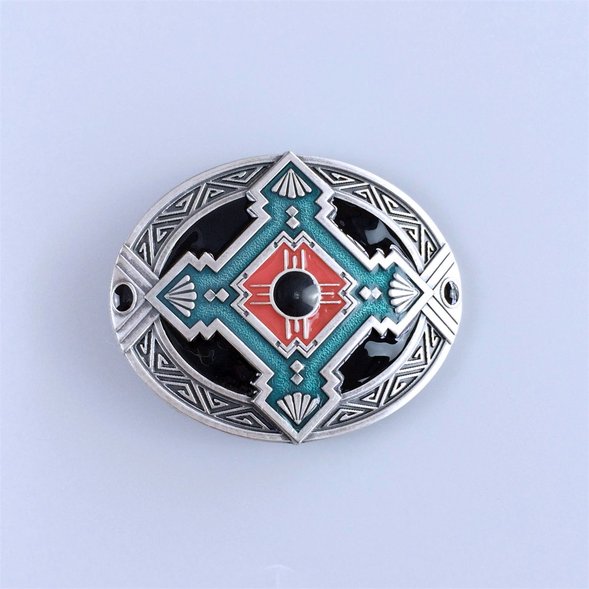 Vintage Silver Plated Oval Cross Celtic Knot Southwest Enamel Belt Buckle
