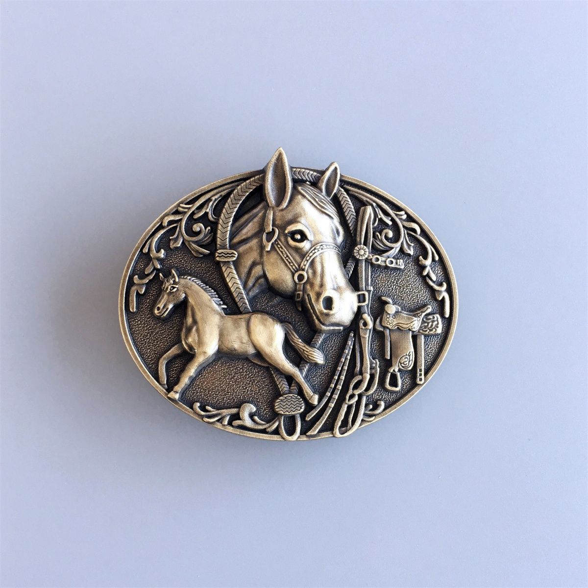 Vintage Bronze Plated Horse Saddle Western Cowboy Belt Buckle Hebilla