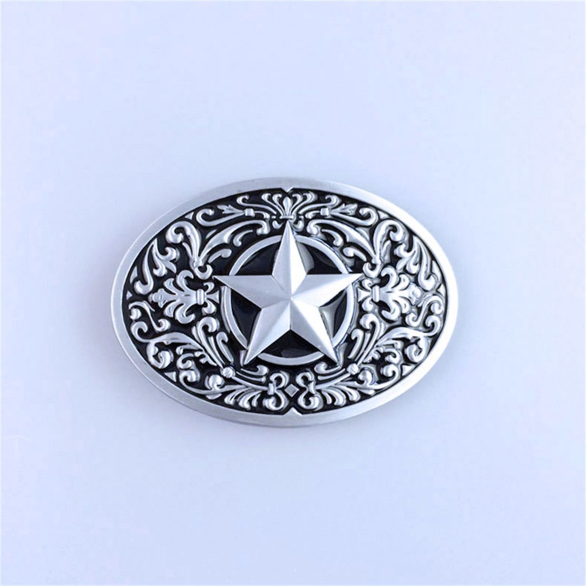 Vintage Black Enamel Southwest Flower Western Star Oval Belt Buckle