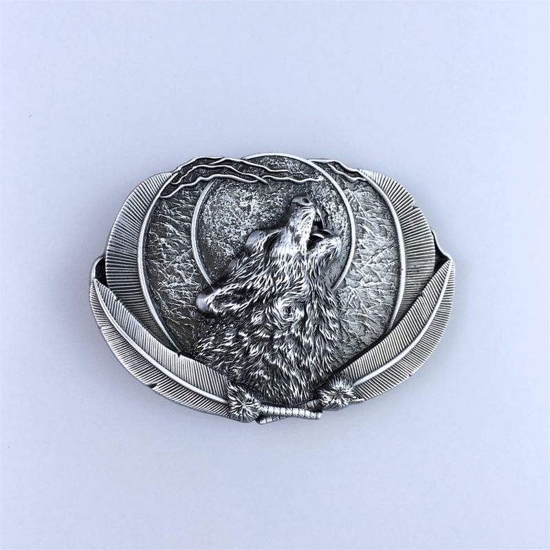 Antique Brushed Silver Western Wolf Moon Oval Belt Buckle Hebilla BUCKLE-WT111AS