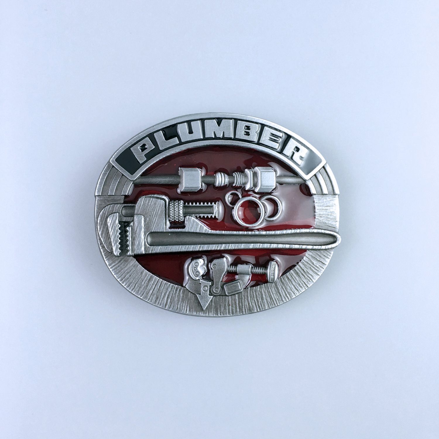 Vintage Red Enamel Plumber Trades Tradesman Belt Buckle Hebilla