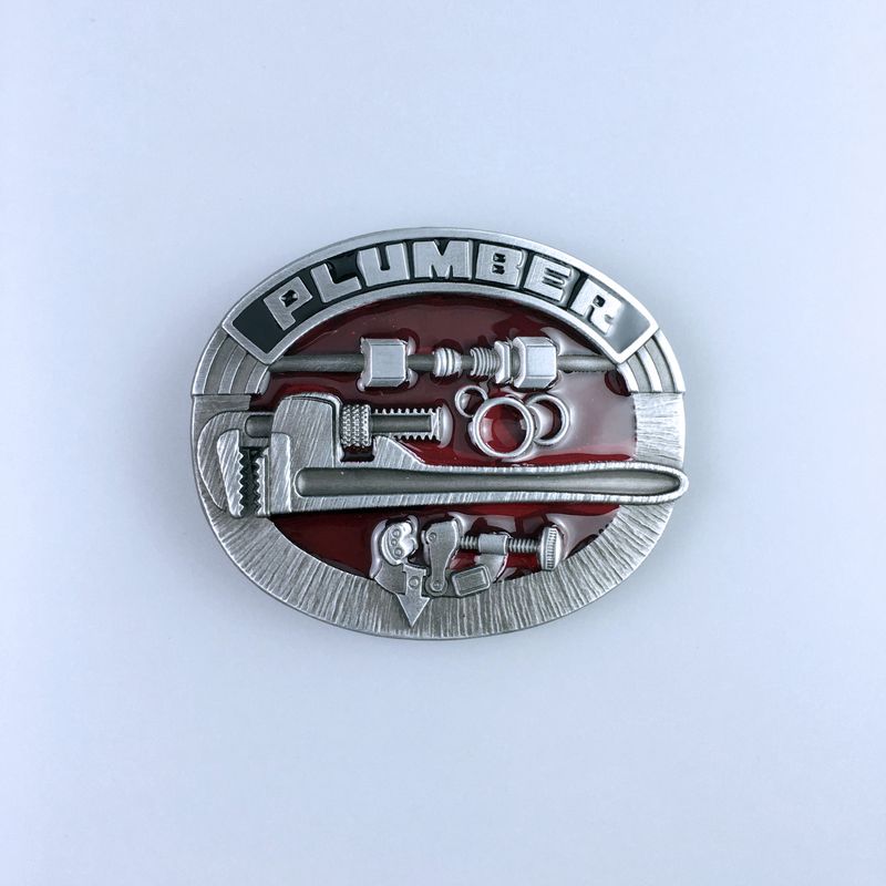 Vintage Red Enamel Plumber Trades Tradesman Belt Buckle Hebilla BUCKLE-WT125RD