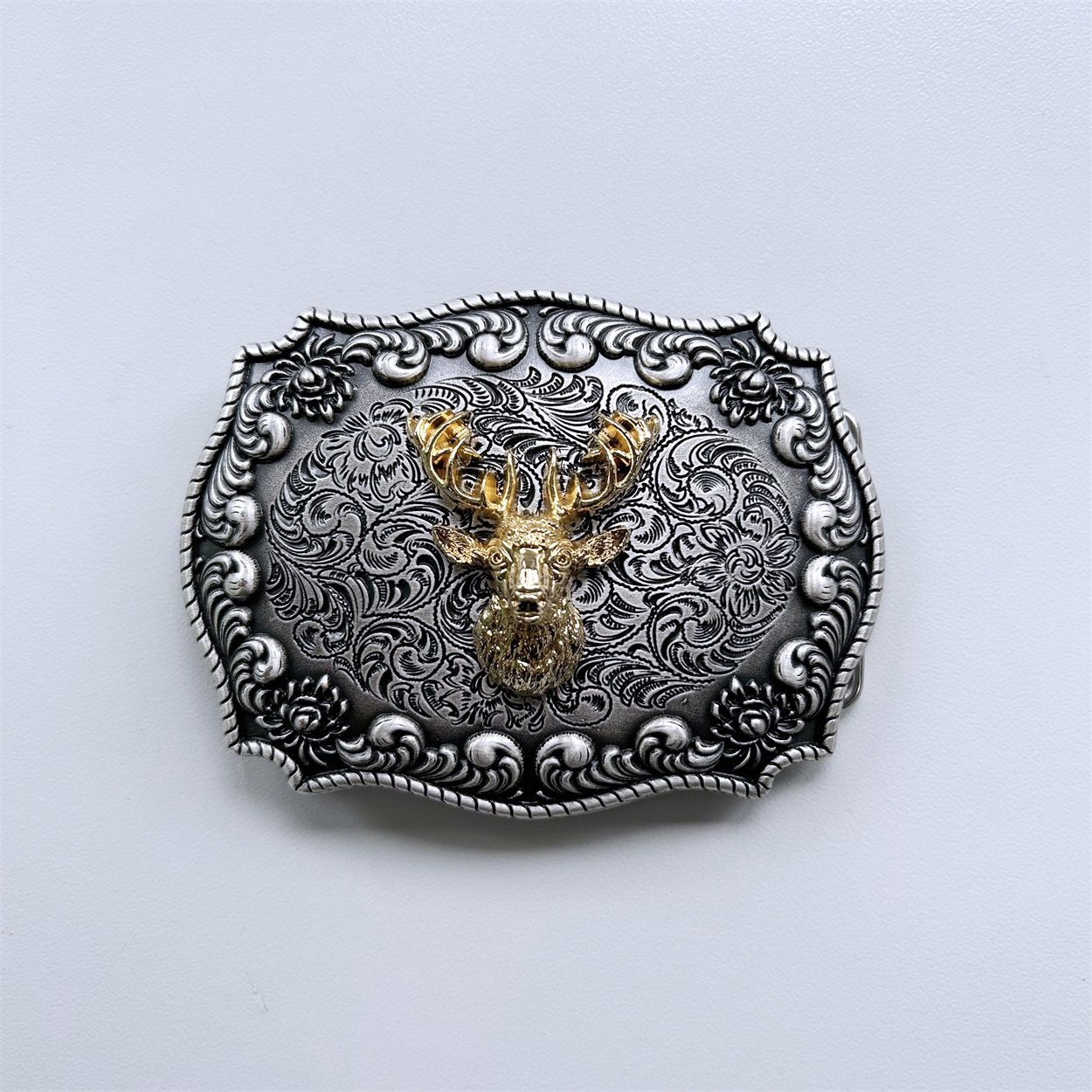 Vintage Silver Western Rodeo With Gold Deer Head Double Color Belt Buckle Hebilla