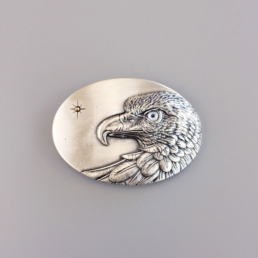 Vintage Silver Plated Oval Sun Eagle Belt Buckle Wtith Grey Eye