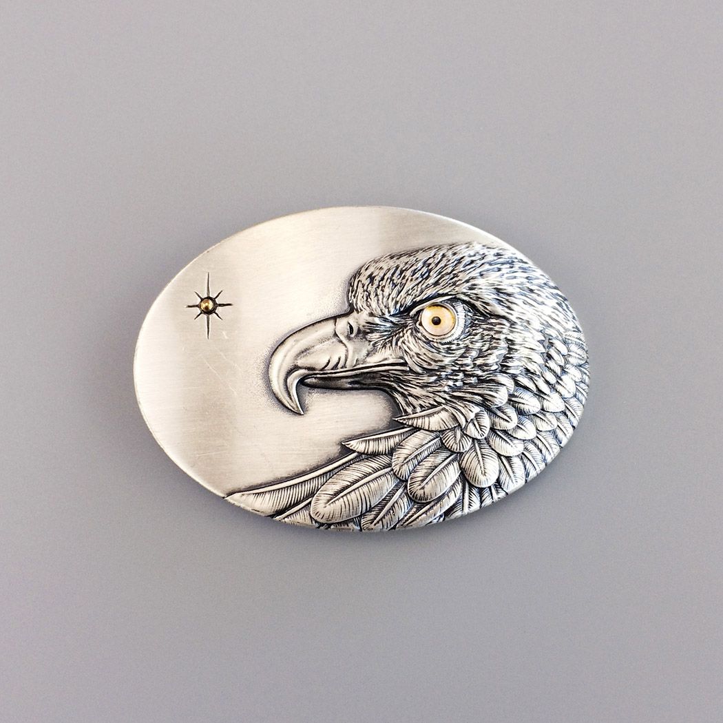 Vintage Silver Plated Oval Sun Eagle Belt Buckle With Yellow Eye