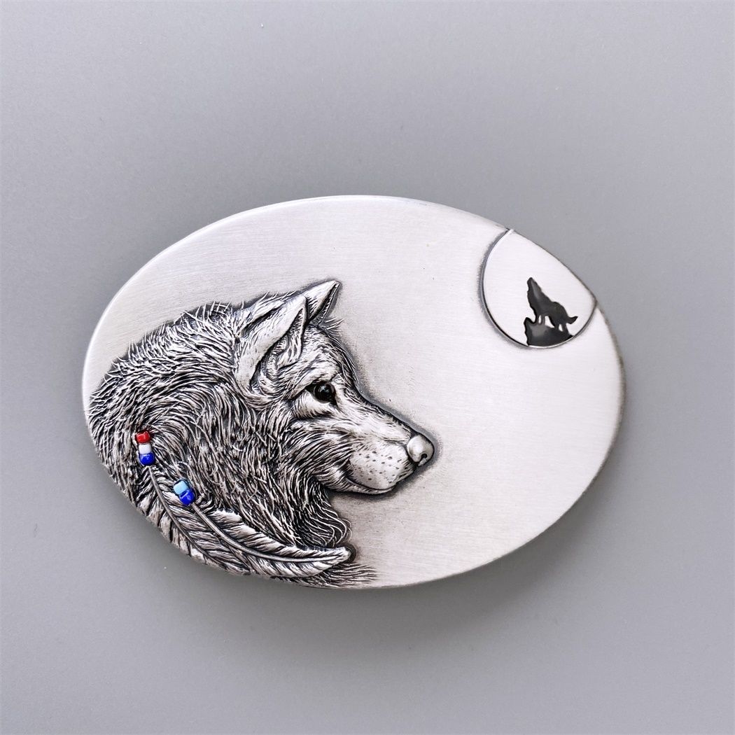 Vintage Silver Plated Wolf Oval Belt Buckle