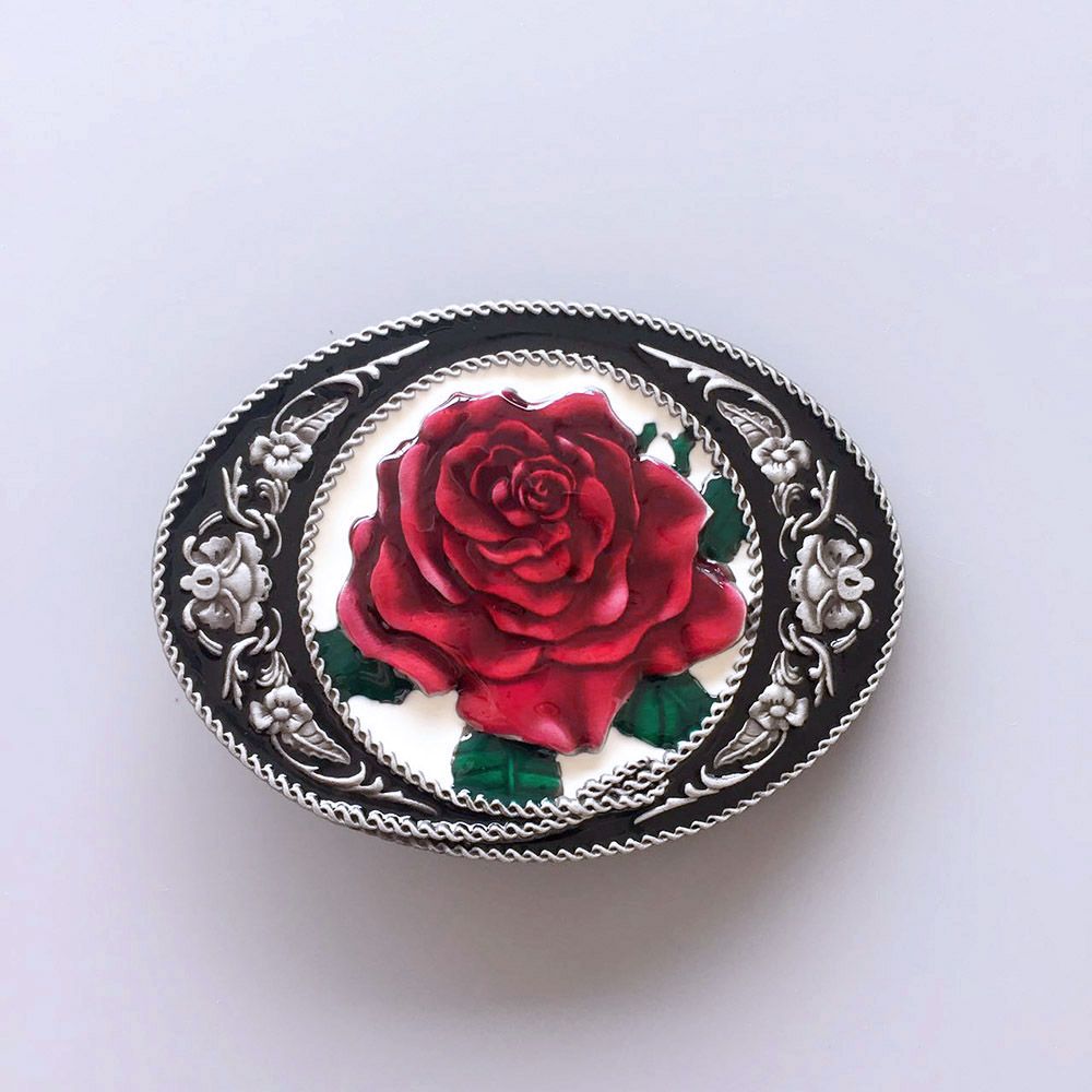 Vintage Style Enamel Western Rose Flower Oval Belt Buckle