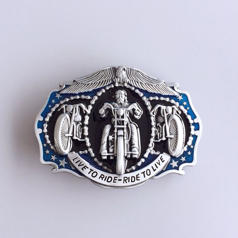Antique Brushed Silver Blue Enamel Rider Biker Metal Belt Buckle BUCKLE-AT067