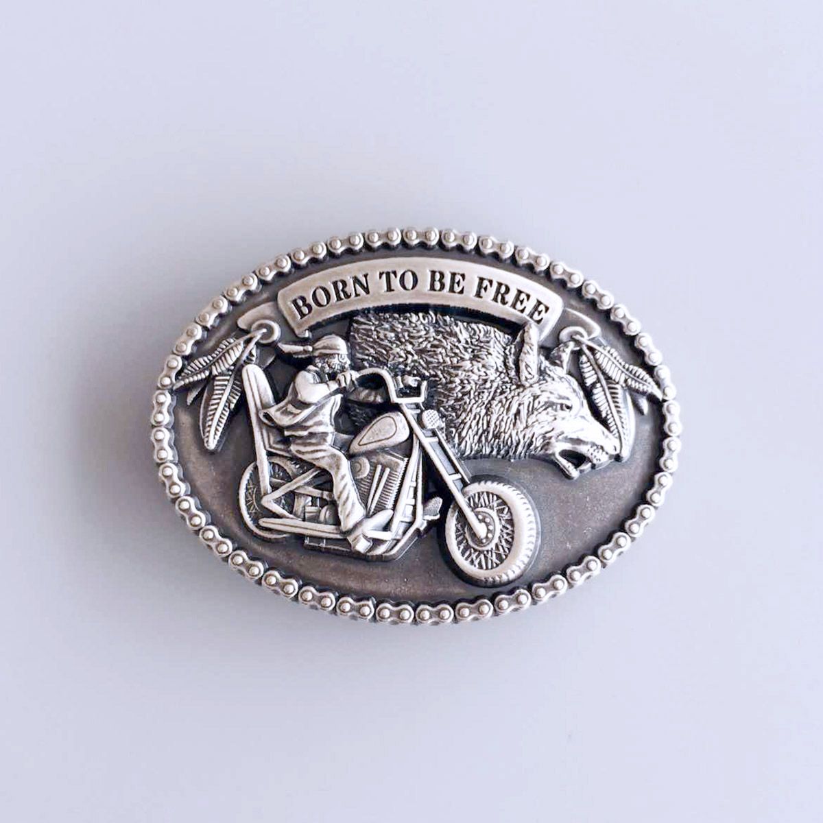 Vintage Silver Plated Wolf Biker Rider Oval Belt Buckle