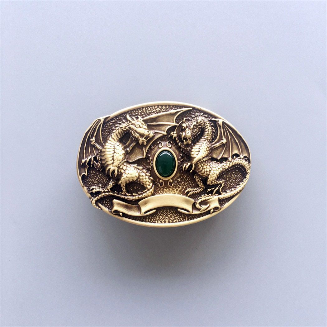 Twin Dragon Oval Solid Brass Belt Buckle