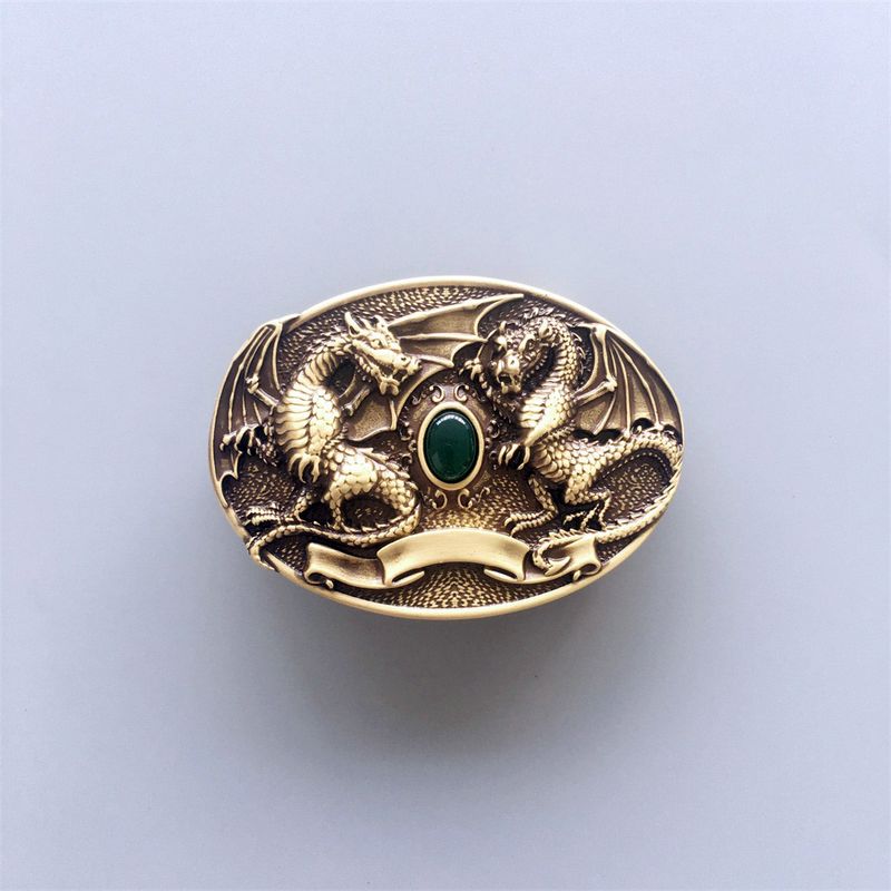 Twin Dragon Oval Solid Brass Belt Buckle BUCKLE-BT004