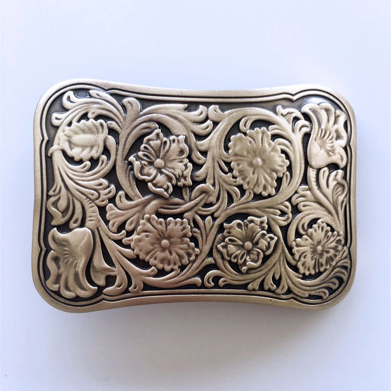 Western Flower Southwest Rectangle Solid Brass Belt Buckle