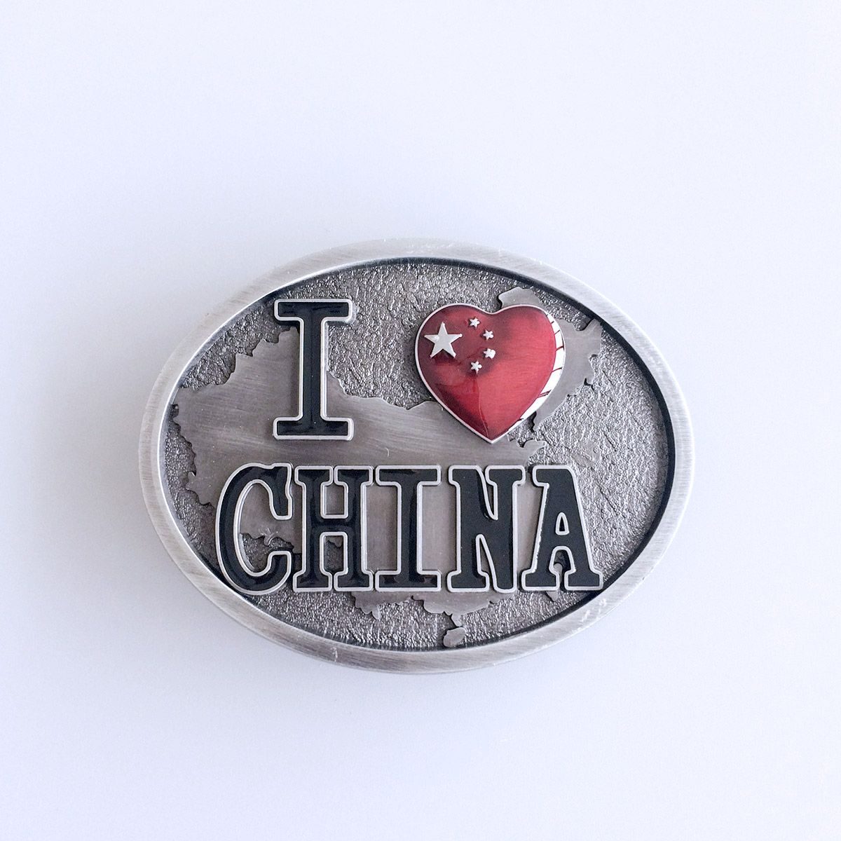 Antique Silver I Love China Chinese Map Flag Oval Belt Buckle