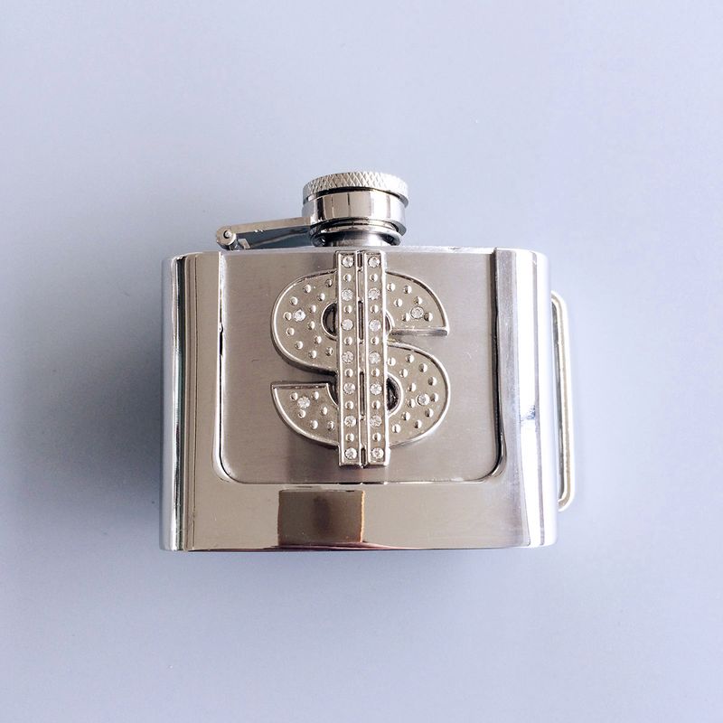 Rhinestone Dollar Sign Two Ounce Stainless Steel Flask Belt Buckle BUCKLE-FL-Dollar