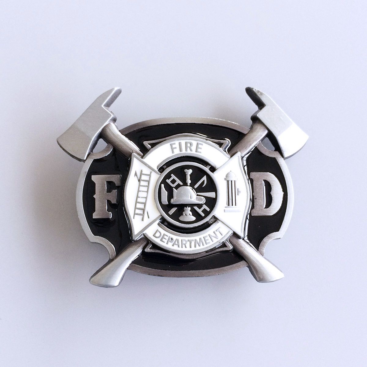 Vintage Style Enamel Firefighter FD Cross Belt Buckle
