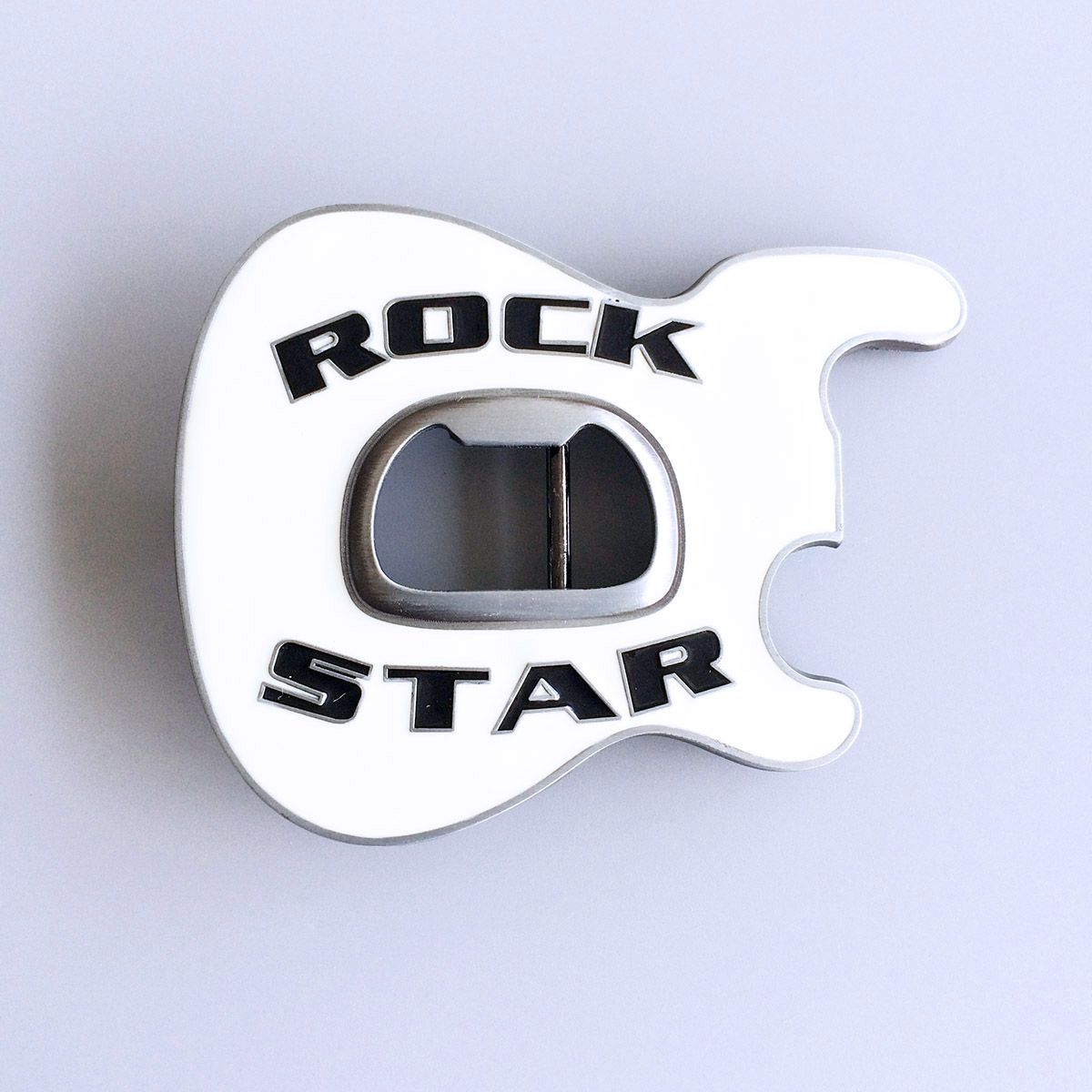 Vintage White Enamel Rock Music Star Guitar Belt Buckle With Beer Bottle Opener