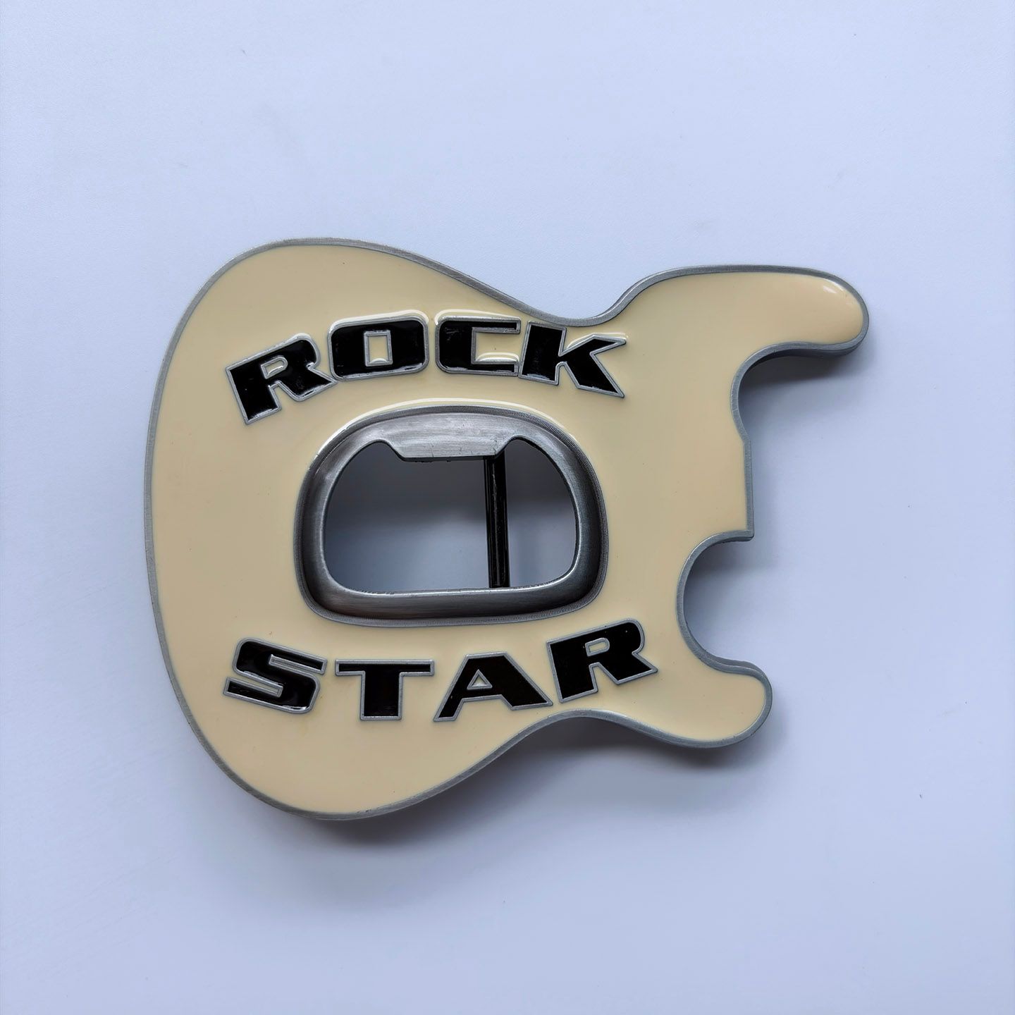 Vintage White Enamel Rock Music Star Guitar Belt Buckle With Beer Bottle Opener BUCKLE-MU102WH