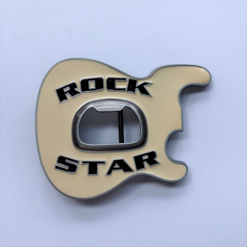 Vintage White Enamel Rock Music Star Guitar Belt Buckle With Beer Bottle Opener BUCKLE-MU102WH