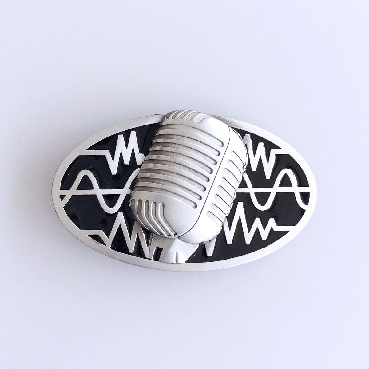 Vintage Black Enamel Microphone Music Oval Belt Buckle