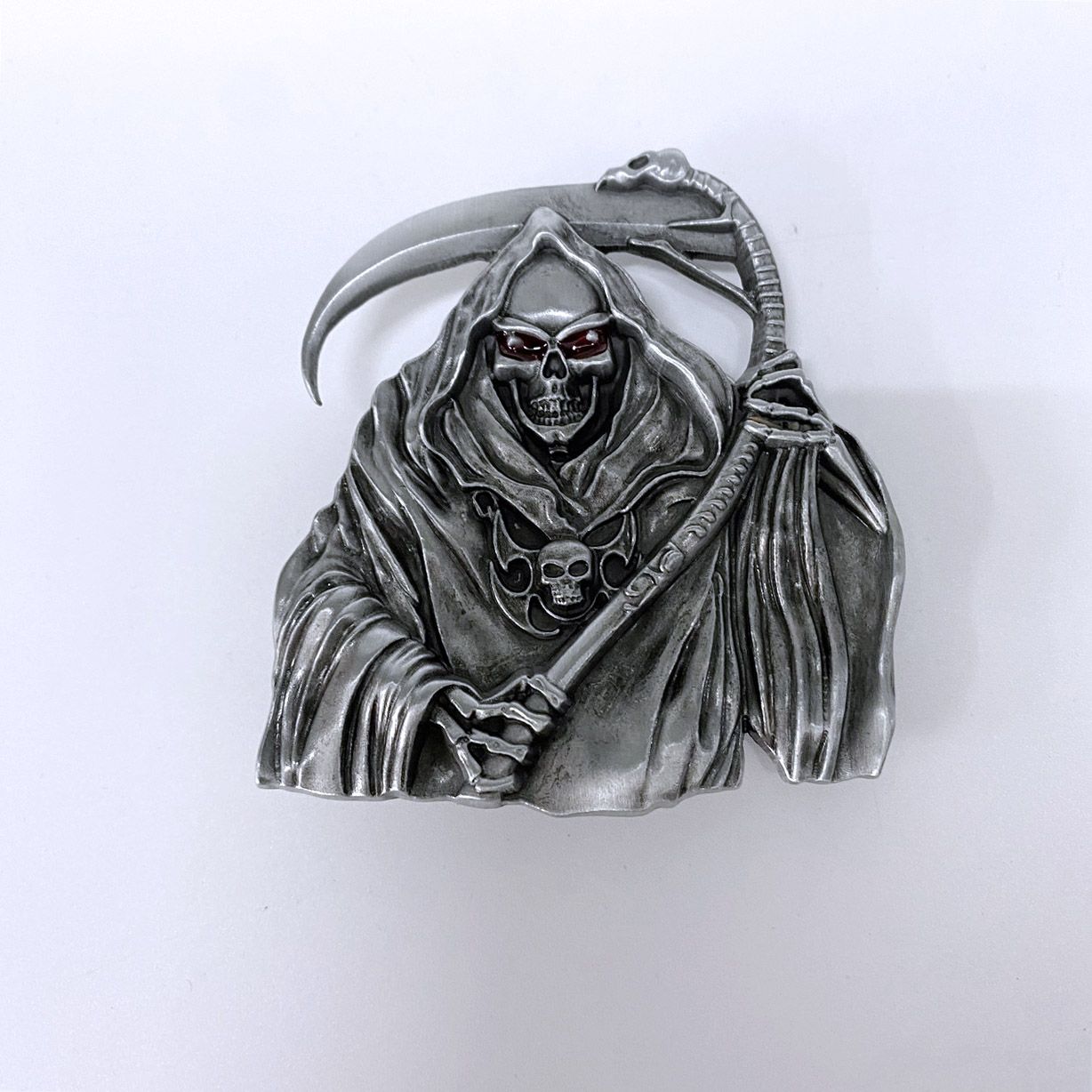 Red Enamel Grim Reaper Skull Belt Buckle