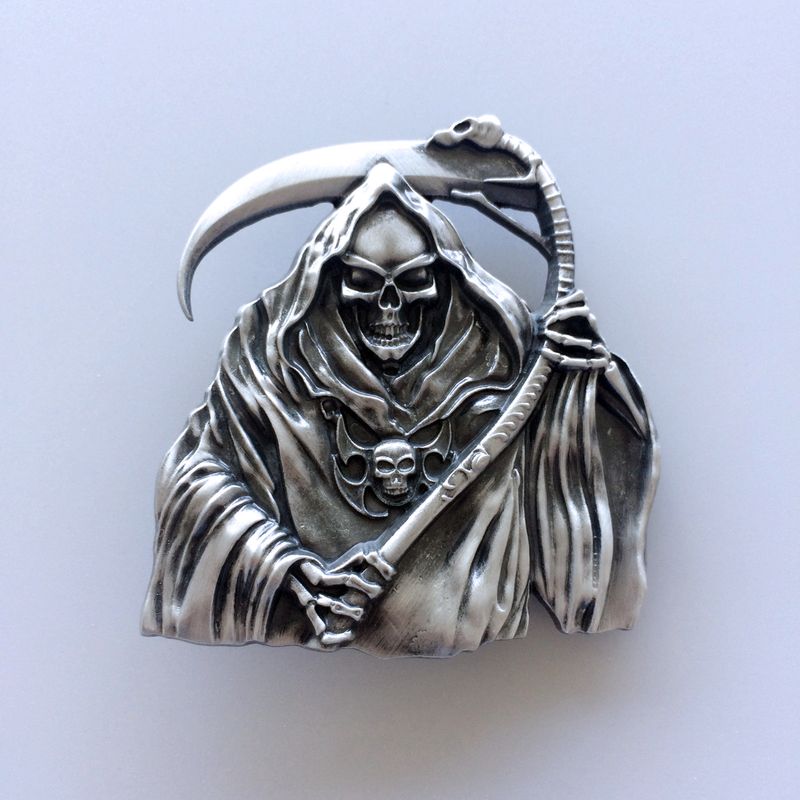 Antique Brushed Silver Grim Reaper Skull Belt Buckle BUCKLE-SK010
