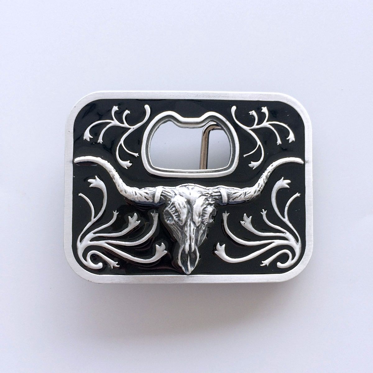 Vintage Black Enamel Western Long Horn Bull Bottle Opener Belt Buckle