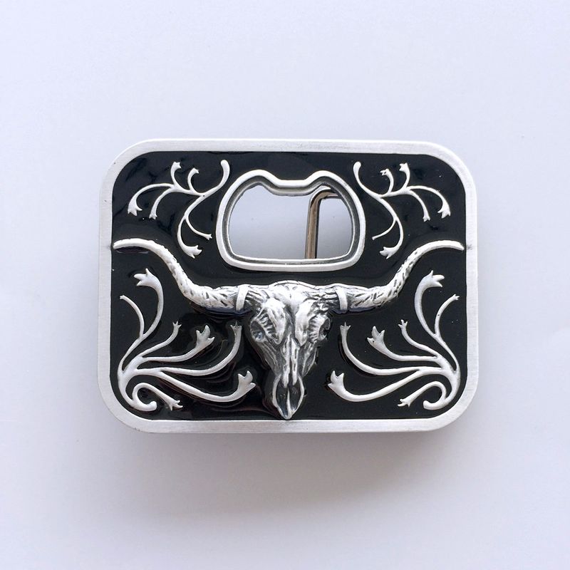 Vintage Black Enamel Western Long Horn Bull Bottle Opener Belt Buckle BUCKLE-OC031BK