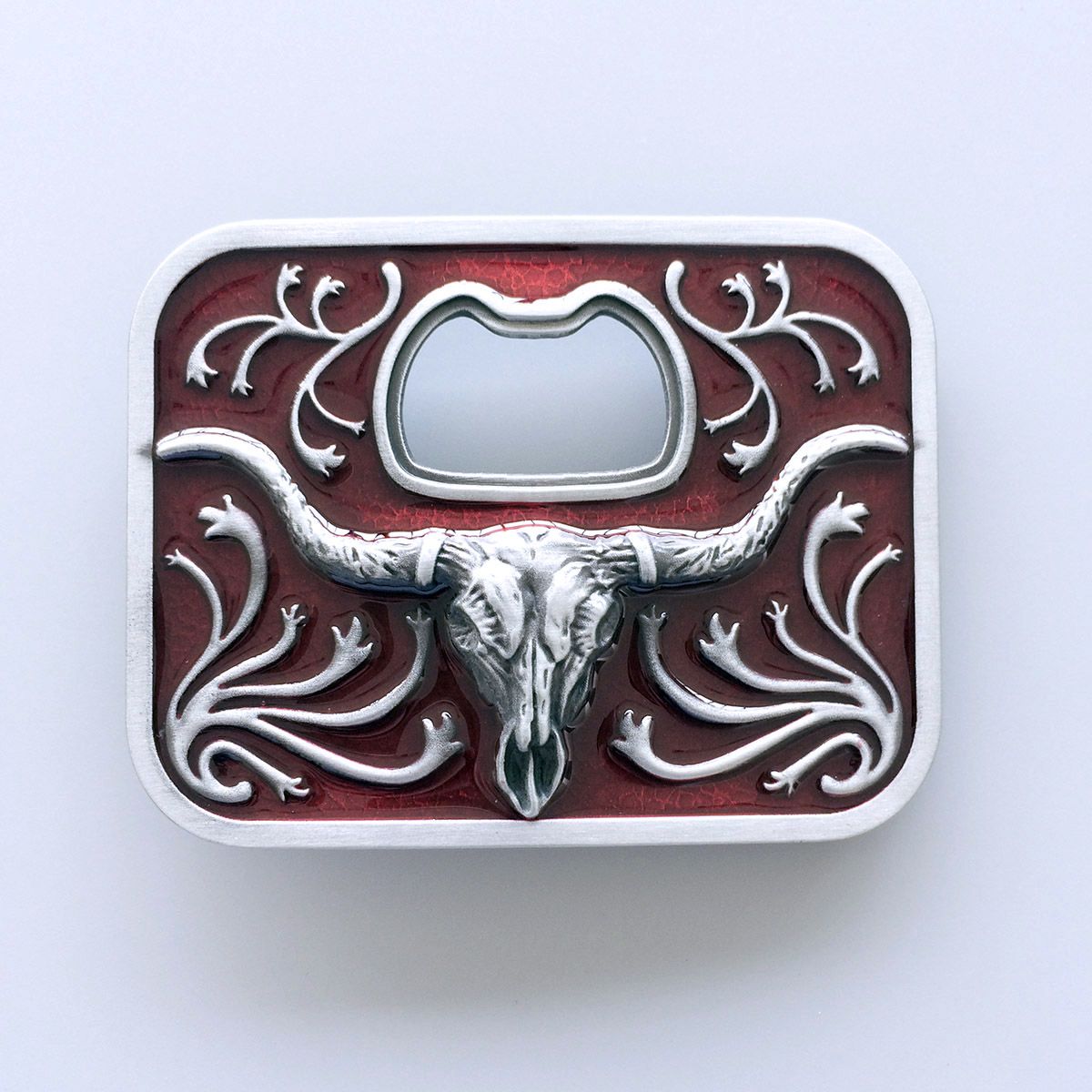 Vintage Red Enamel Western Long Horn Bull Bottle Opener Belt Buckle