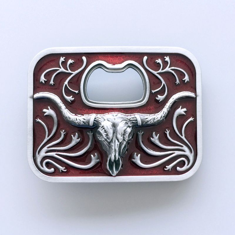 Vintage Red Enamel Western Long Horn Bull Bottle Opener Belt Buckle BUCKLE-OC031RD