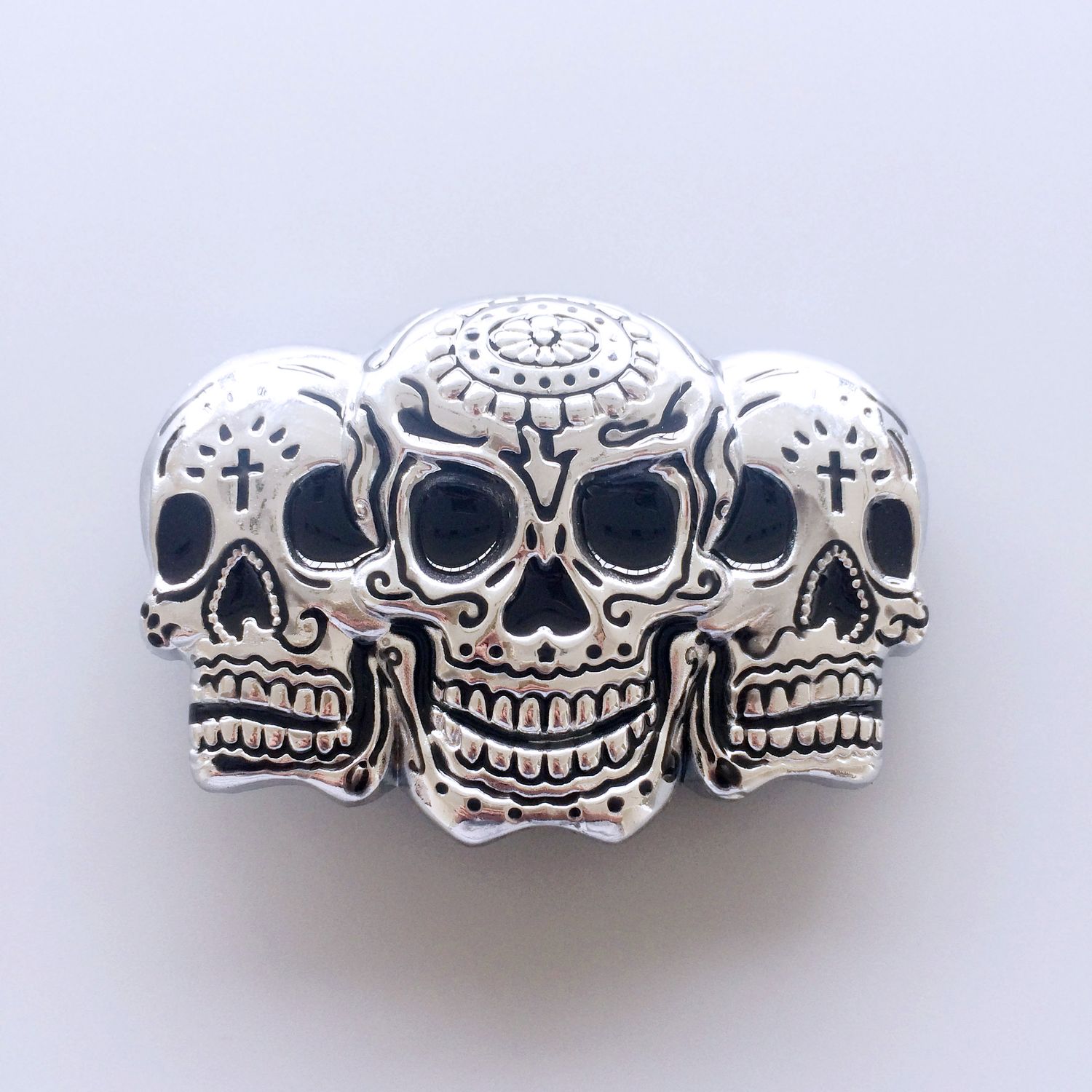 Bright Silver Tattoo Skulls Belt Buckle
