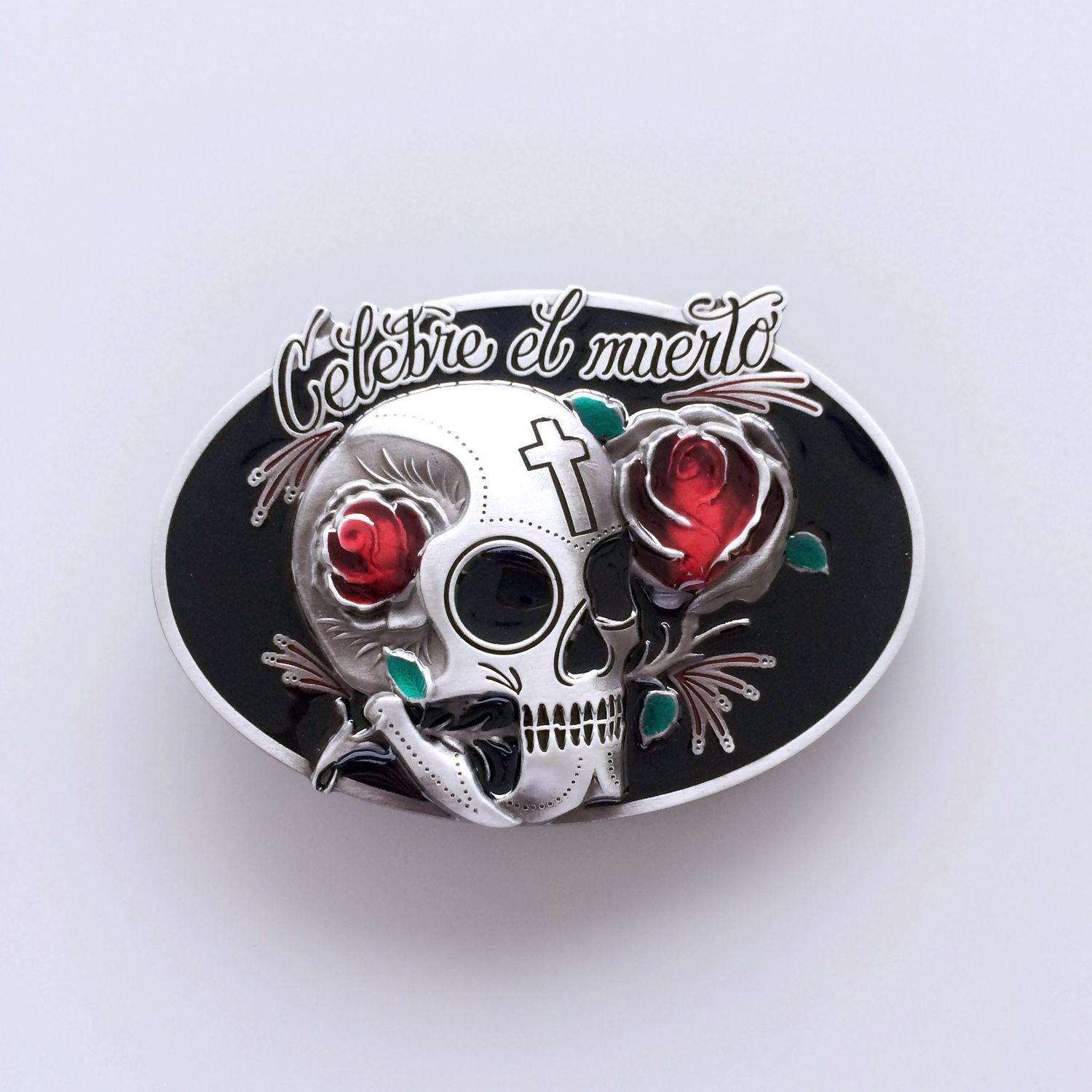 Vintage Oval Tattoo Rose Flower Skull Wedding Belt Buckle
