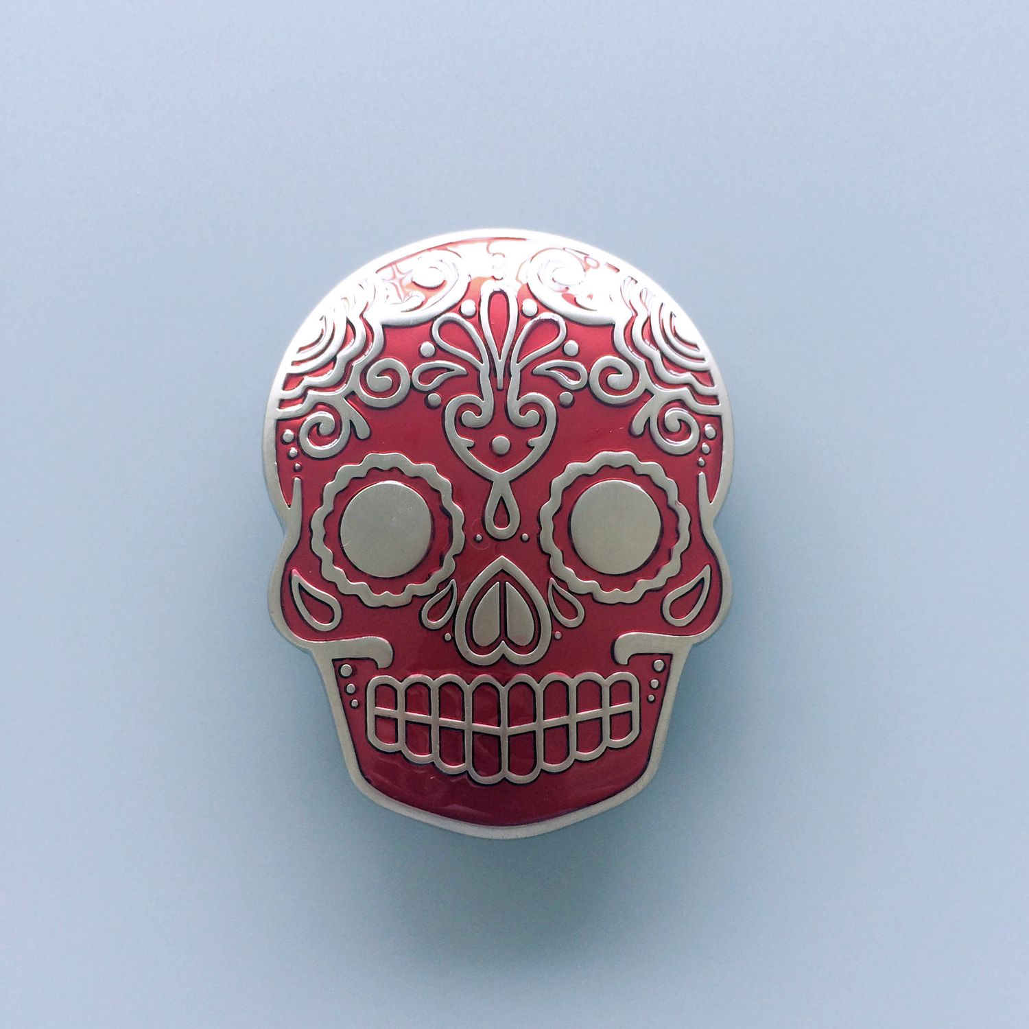 Red Enamel Matter Silver Plated Tattoo Skull Belt Buckle