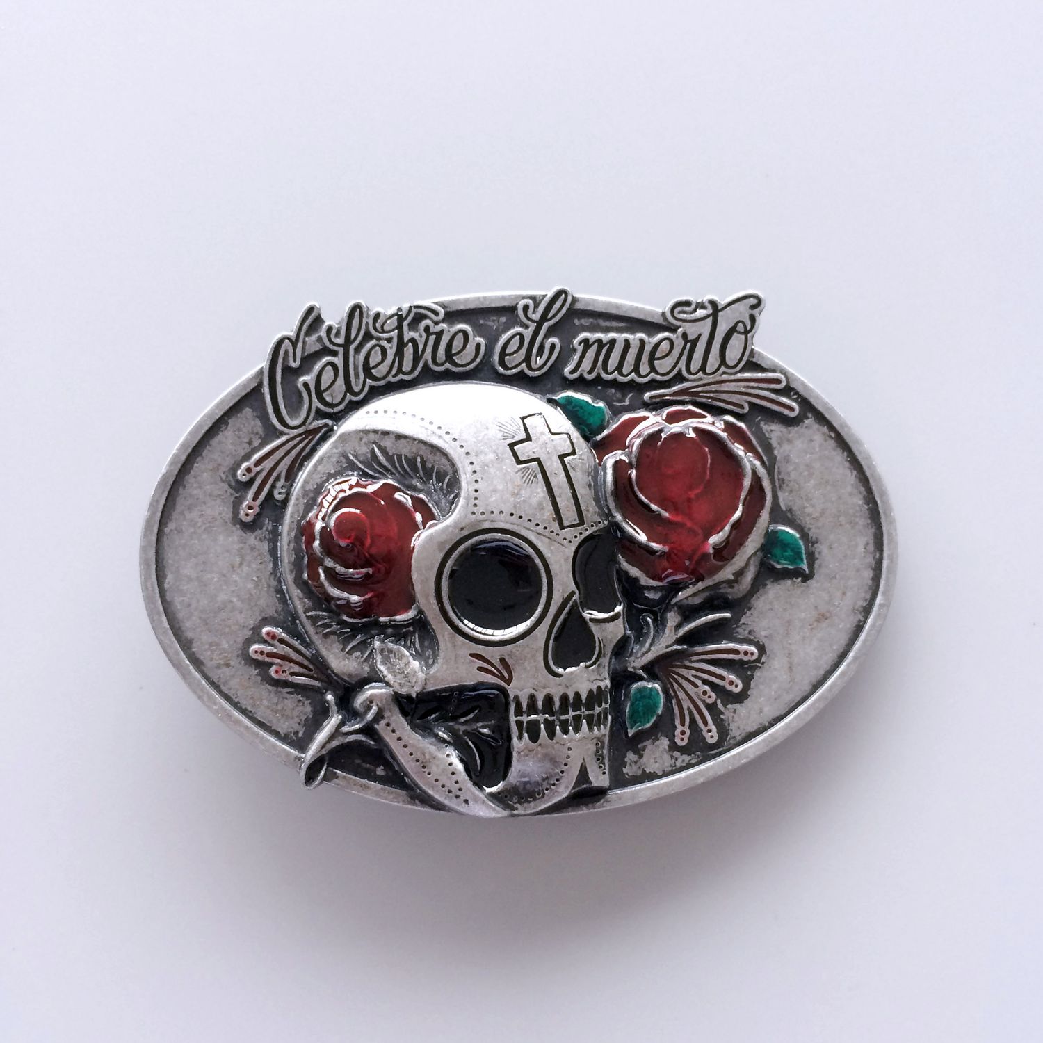 Oval Vintage Distressed Tattoo Skull Belt Buckle