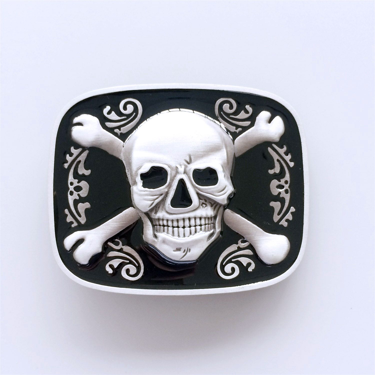 Vintage Style Black Enamel Skull Bones Pirate Rectangle Belt Buckle