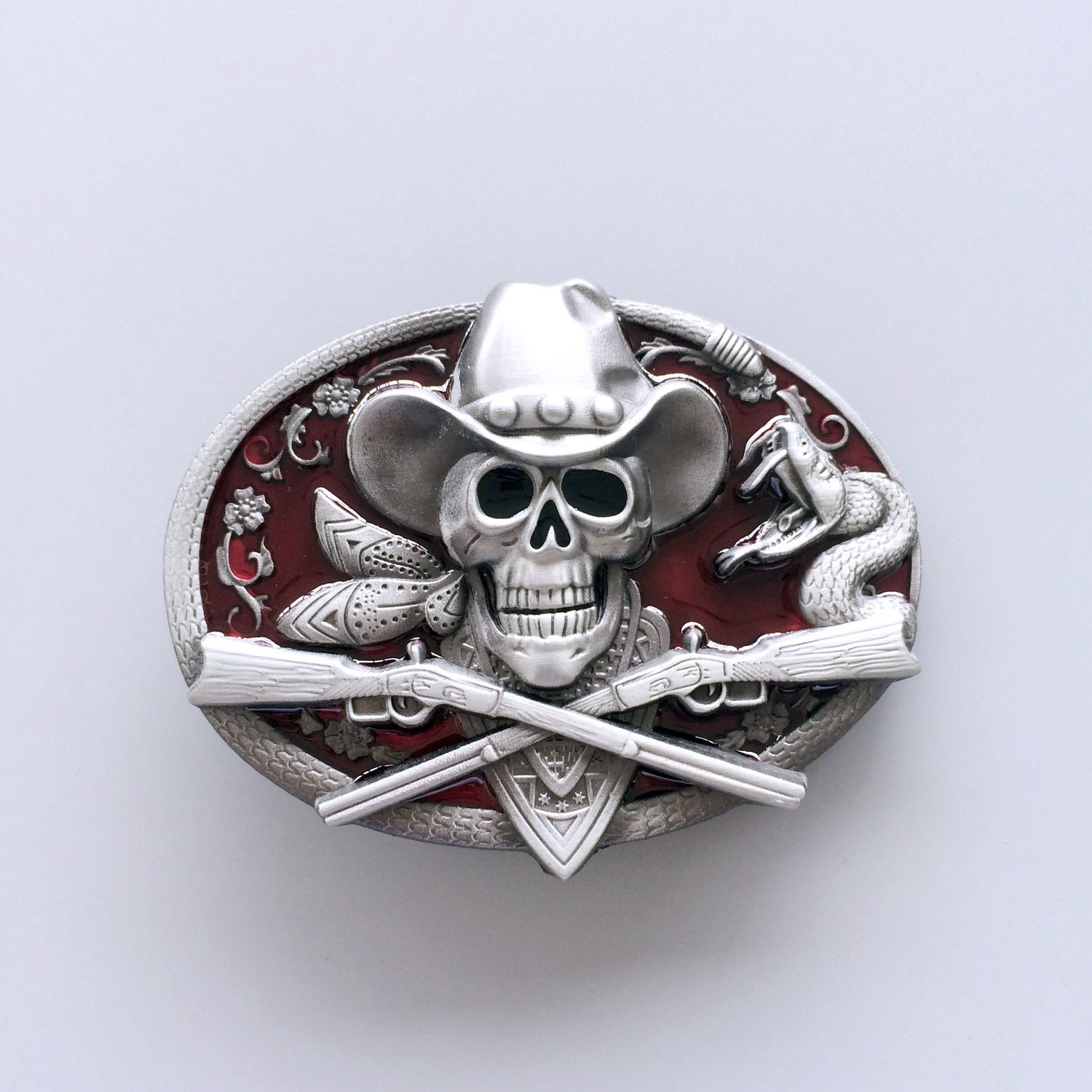 Western Rodeo Skull Cowboy Red Enamel Oval Vintage Belt Buckle