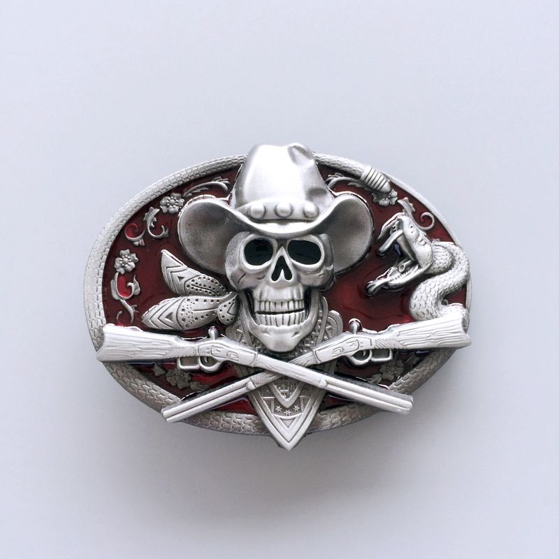 Western Rodeo Skull Cowboy Red Enamel Oval Vintage Belt Buckle BUCKLE-SK036RD
