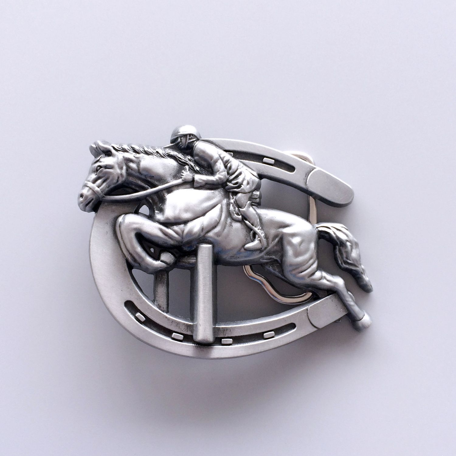 Antique Brushed Silver Horse Jumping Sports Belt Buckle