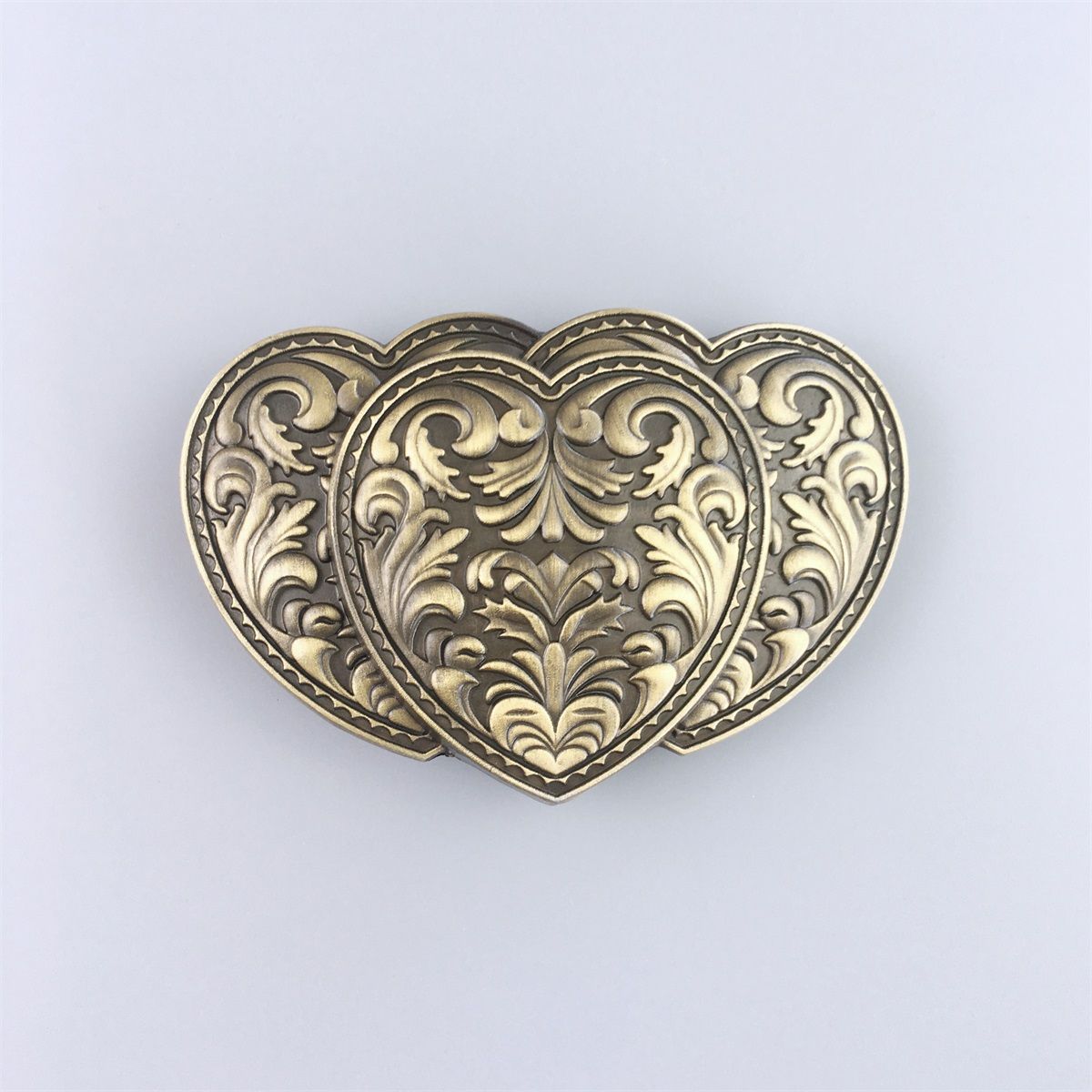 Vintage Bronze Plated Triple Hearts Western Rodeo Belt Buckle