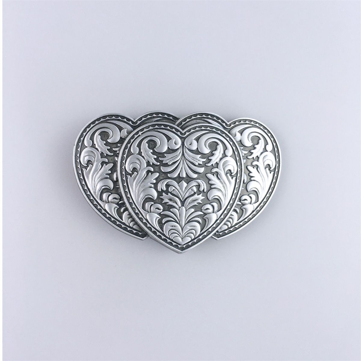 Antique Brushed Silver Triple Hearts Western Rodeo Belt Buckle