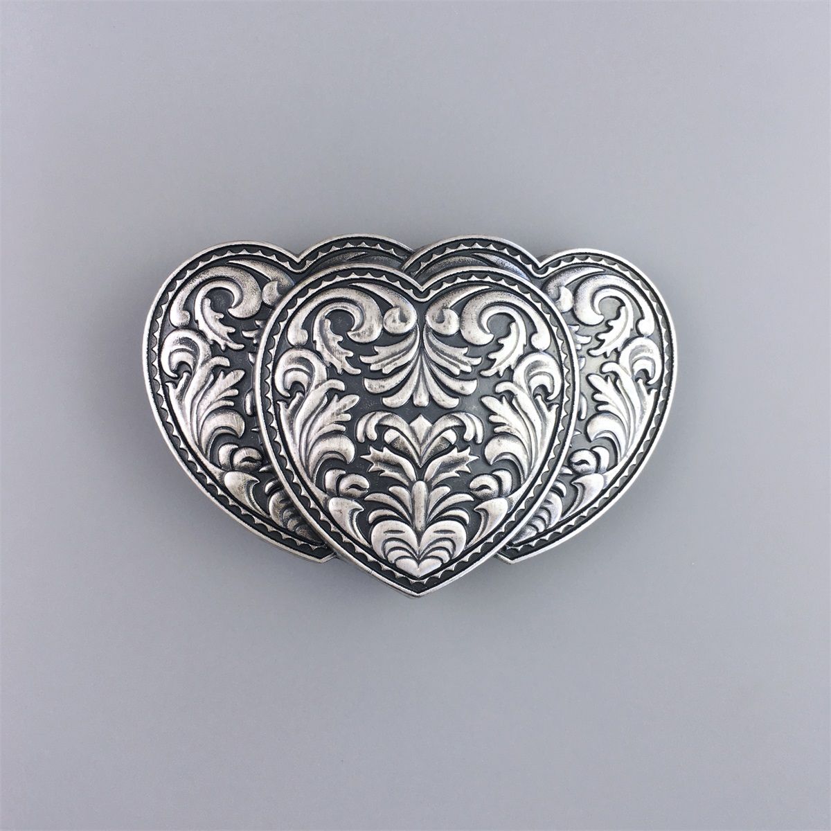 Vintage Silver Plated Triple Hearts Western Rodeo Belt Buckle